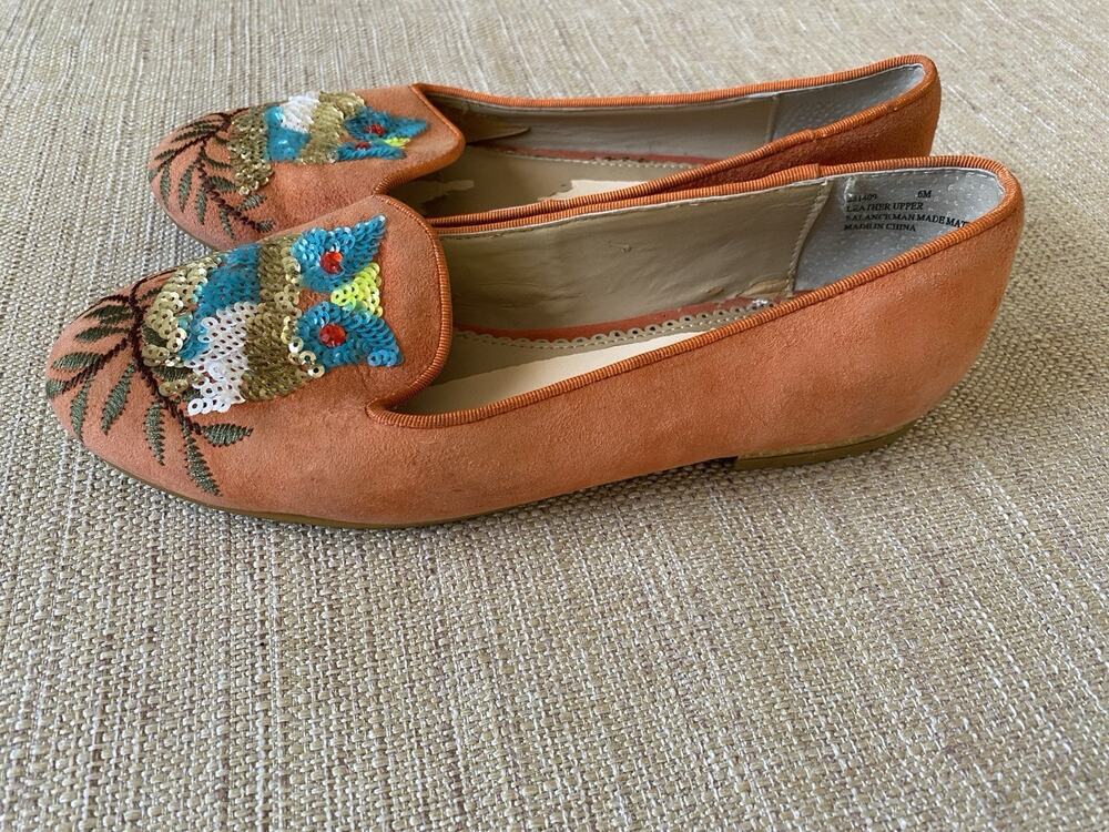 RARA AVIS by IRIS APFEL Orange OWL LOAFERS Sequin Flat Shoes 6M